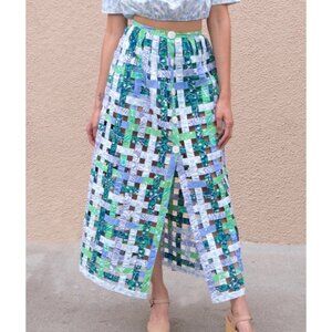 Coco Shop Basket Skirt Blue Green Floral Limes Leaf Grid Squares Check Maxi M